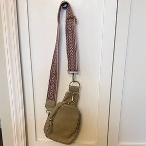 Anthropology Liberty Sling olive Crossbody Bag with Patterned Strap
